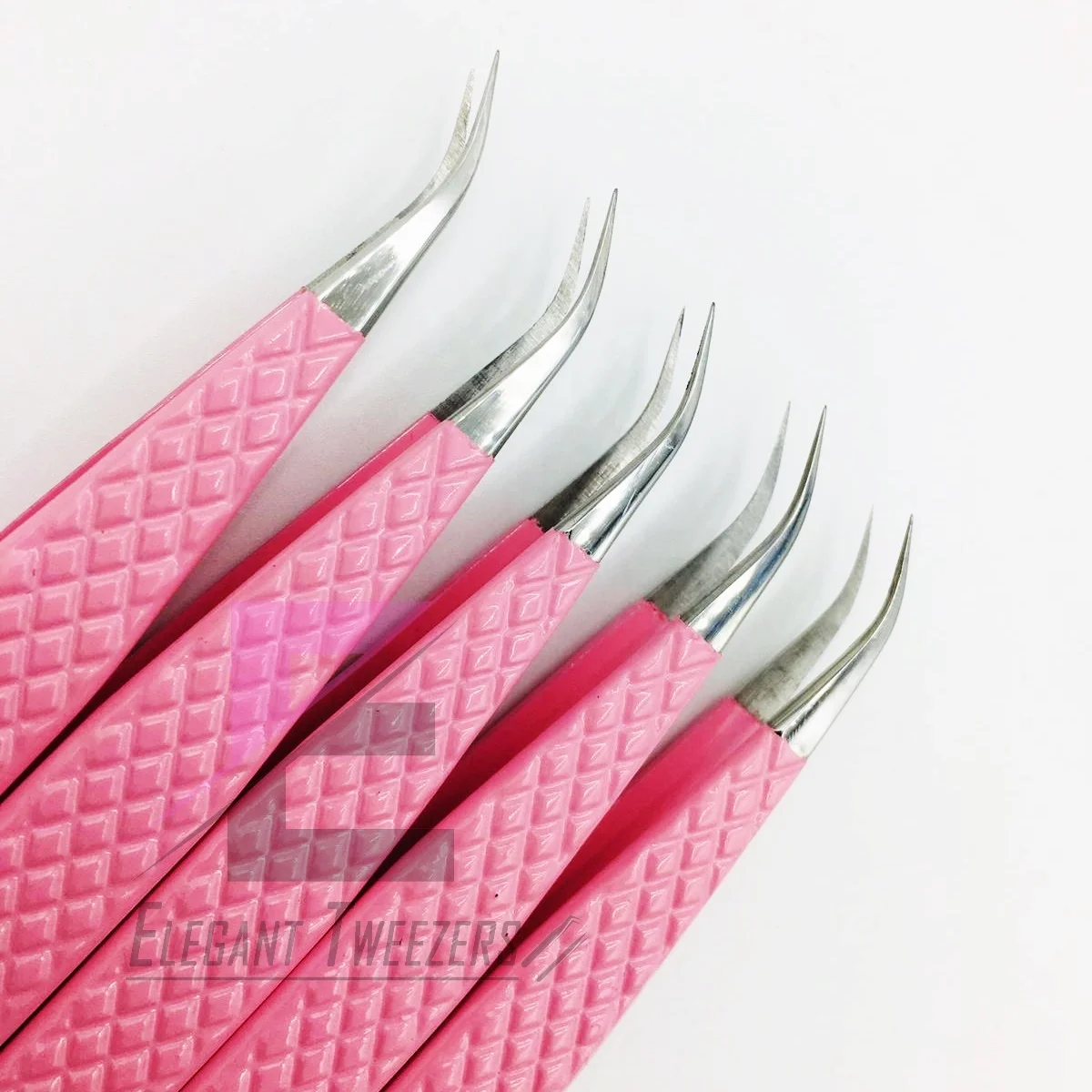 Pink Powder Coated With Sliver Tips Diamond Grip Eyelash Extension Tweezers Stainless Steel Custom Brand Name False Eyelashes