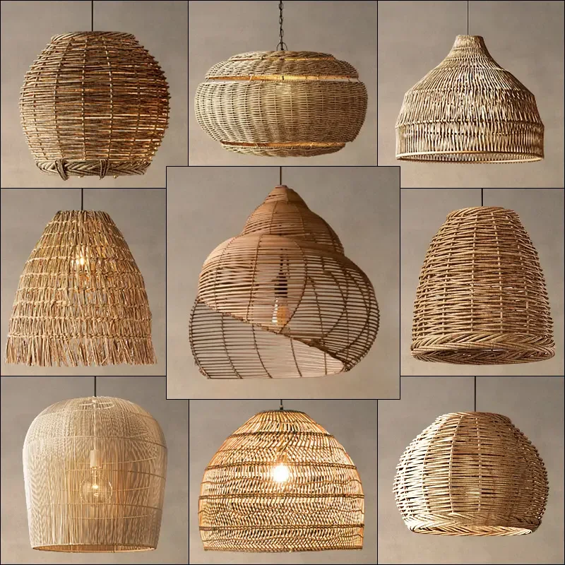 9 Style Wicker Rattan Bamboo Crafts Lamps Shades & Covers Woven Indoor Hanging Lampshade Wooden Chandelier & Pendant Lights