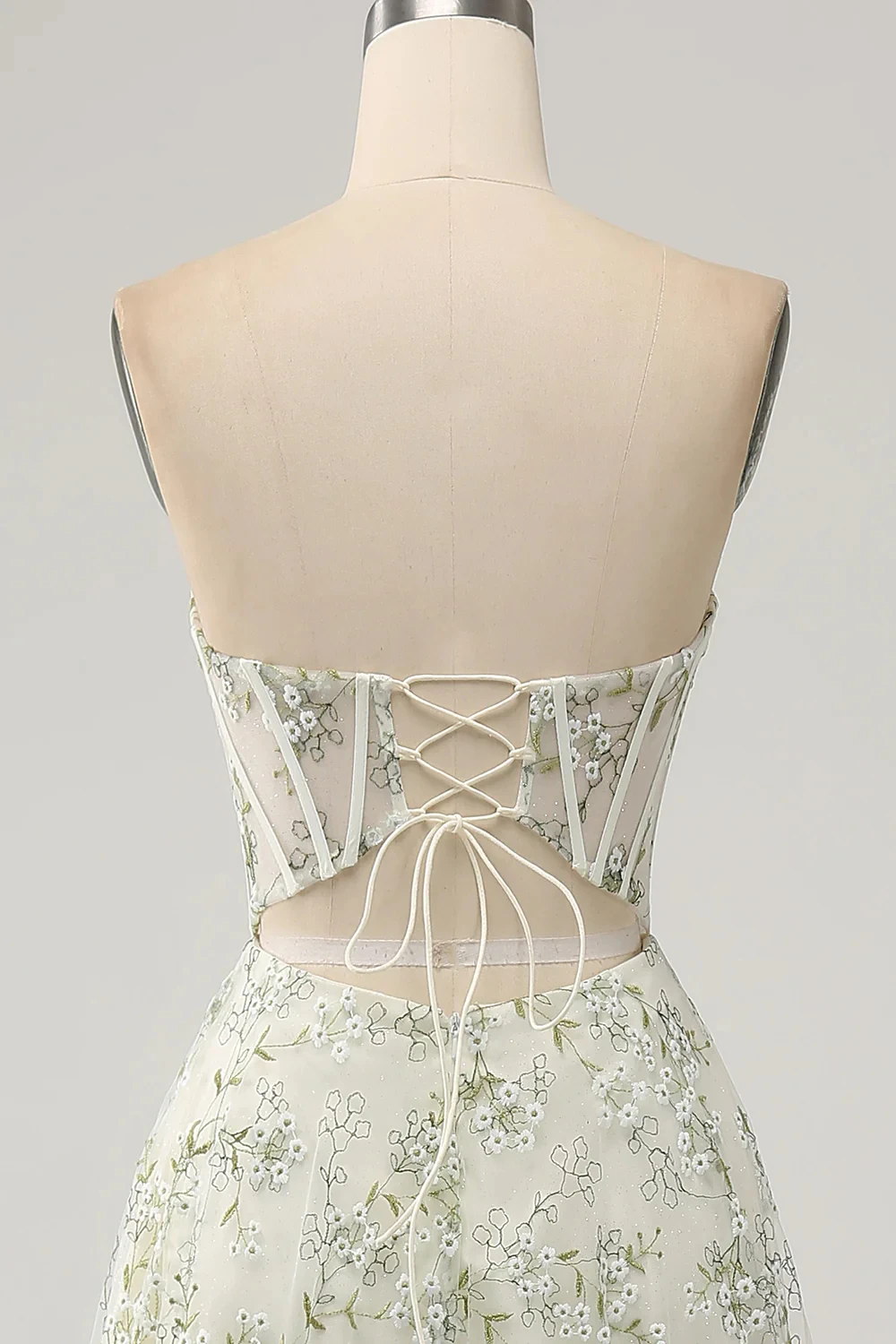 Elegant A-Line Light Green Corset Slit Prom Dress with Embroidery See Through Strapless Long Evening Dress with Lace-Up Back