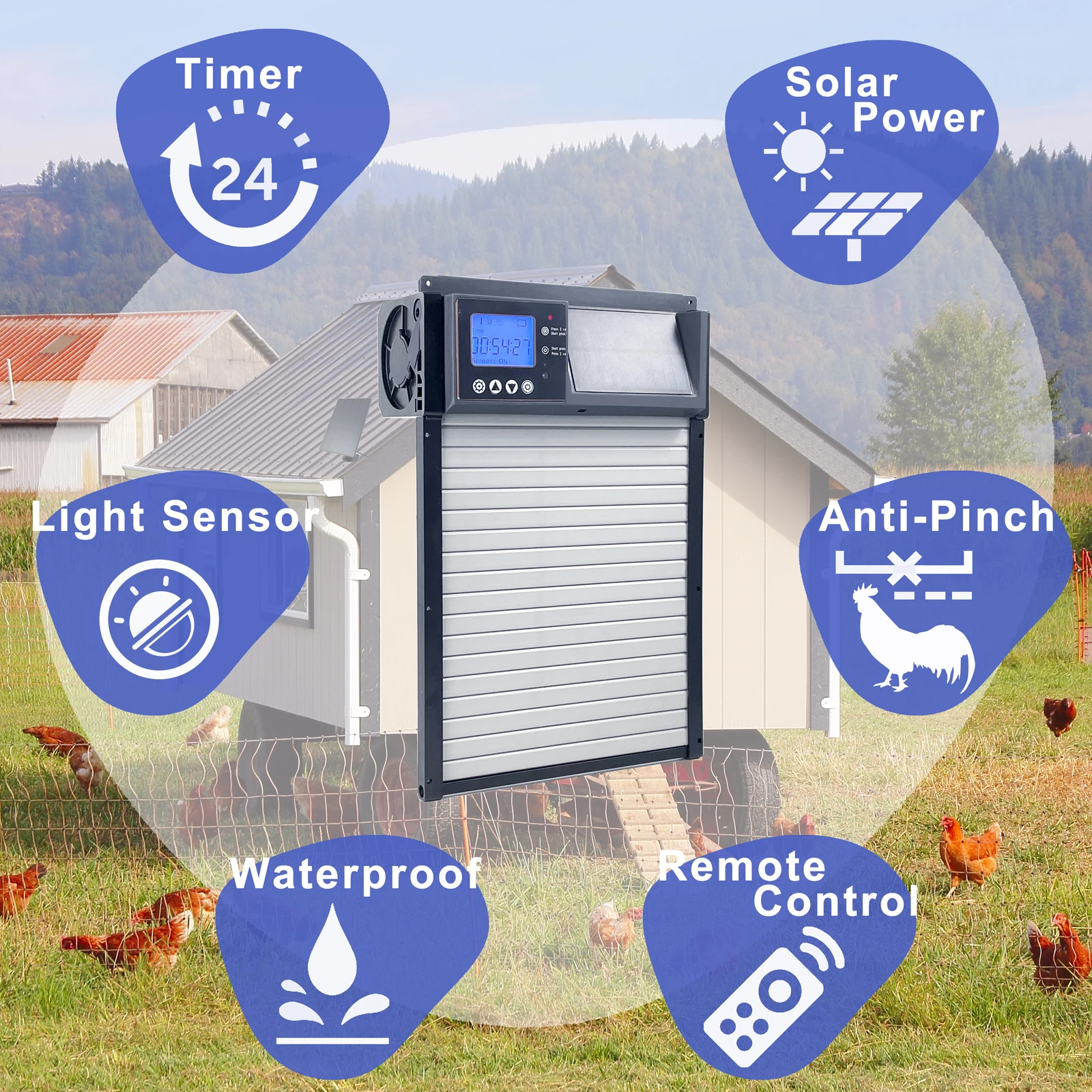 SolarGuard 24/7 Solar Powered Automatic Chicken Coop Door with Timer and Light Sensor