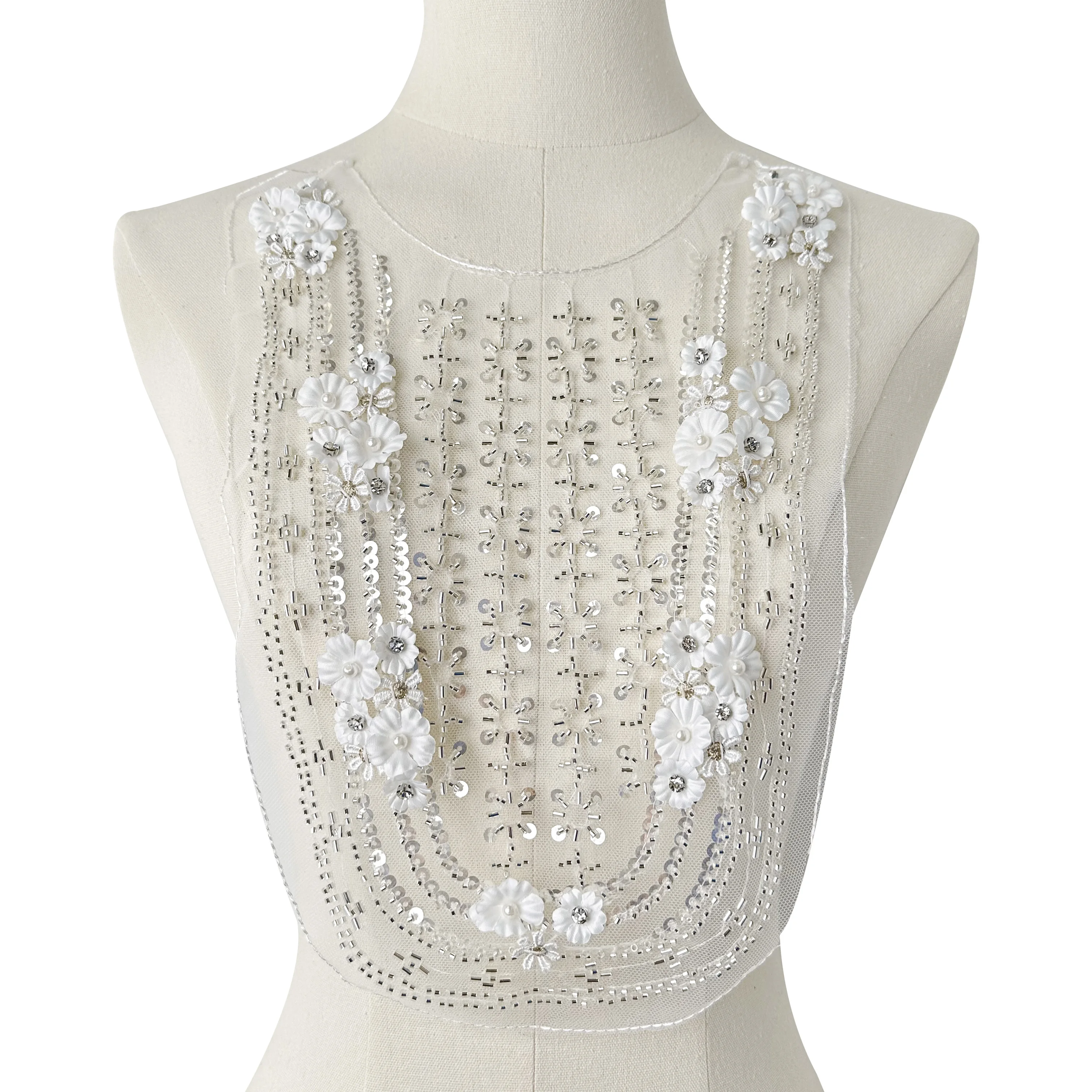 European Classical Pearl Embroidery Trim Beading Flower Florals Sequin Collar Applique Corsage Lace Mesh Patches for Garment