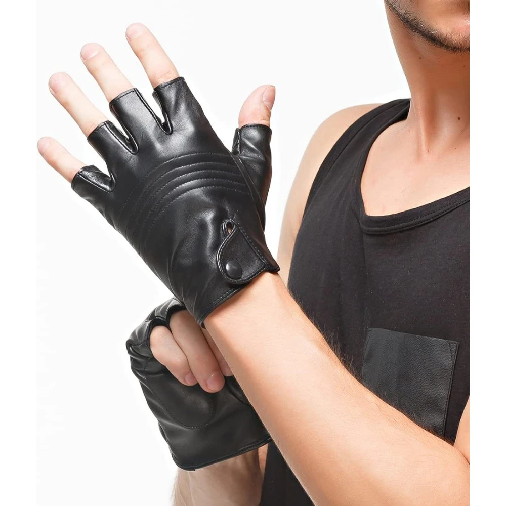 Men Fingerless Half Finger Driving Fitness Motorcycle Cycling Unlined Leather Gloves XX Large Black Blue Thread