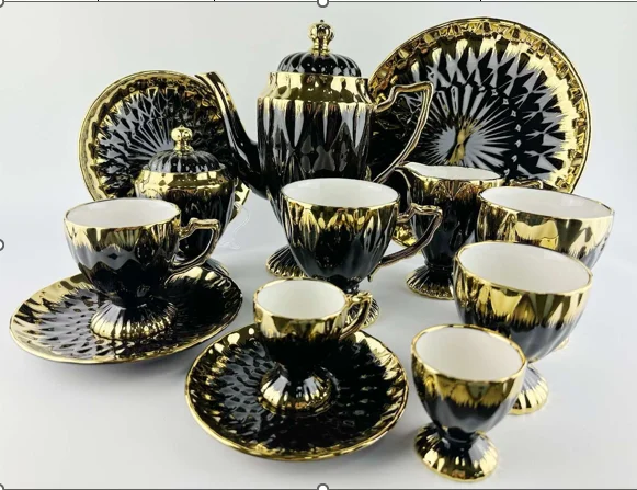 Hot selling luxury modern style 24pcs tea set tableware mugs black color high quality new bone china material Black porcelain te