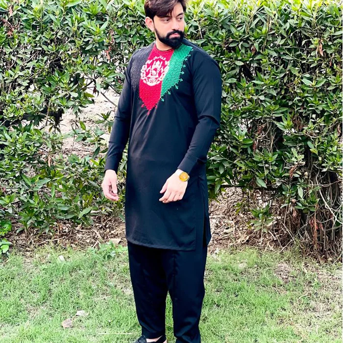 Wholesale Stitched Kurta men shalwar kameez pakistani in Navy Blue Color in wash & wear over Heavy Embroidery at Neckline