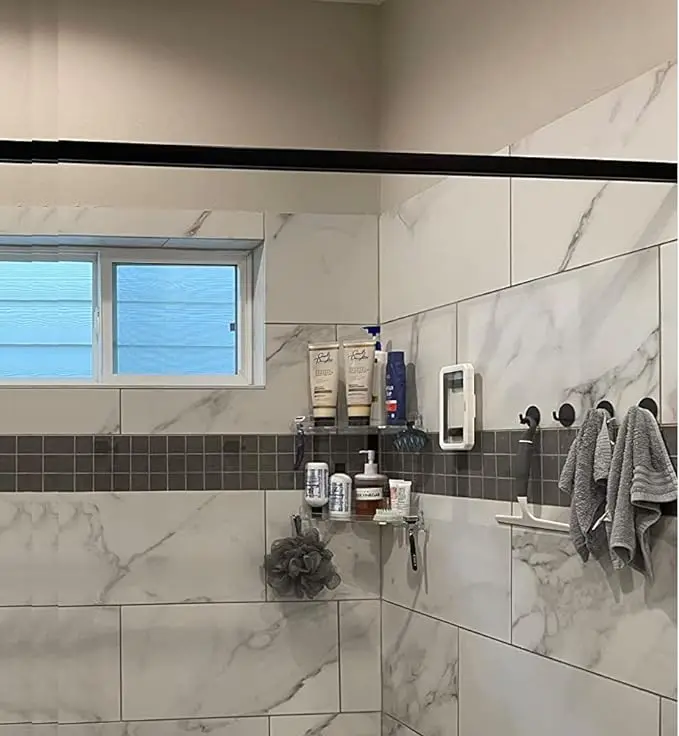 Adhesive Wall Mounted Bathroom Organizer for Inside Shower Caddy Shelf with Hooks 2 Pack