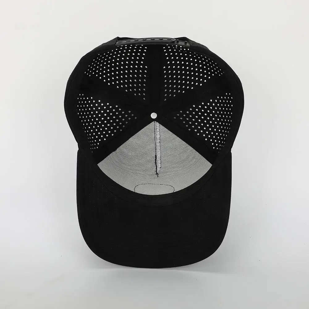 5 Panel Adjustable Waterproof Golf Cap Custom Pu Leather Logo Patch Laser Cut Hole Sun Protection Mesh
