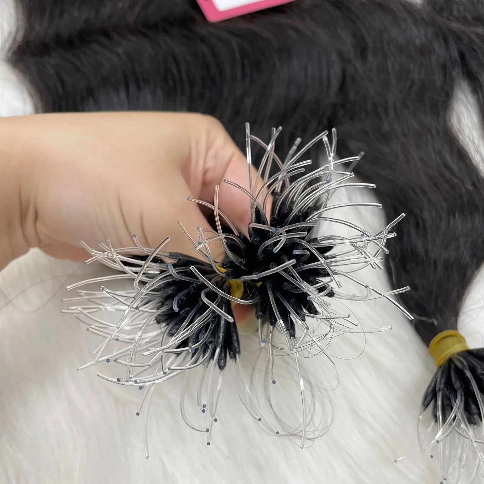 Wholesale Virgin Remy Natural Black Color Nano Plastic Tip Human Hair Extensions Natural Wavy Plastic Nano Ring Hair Extensions