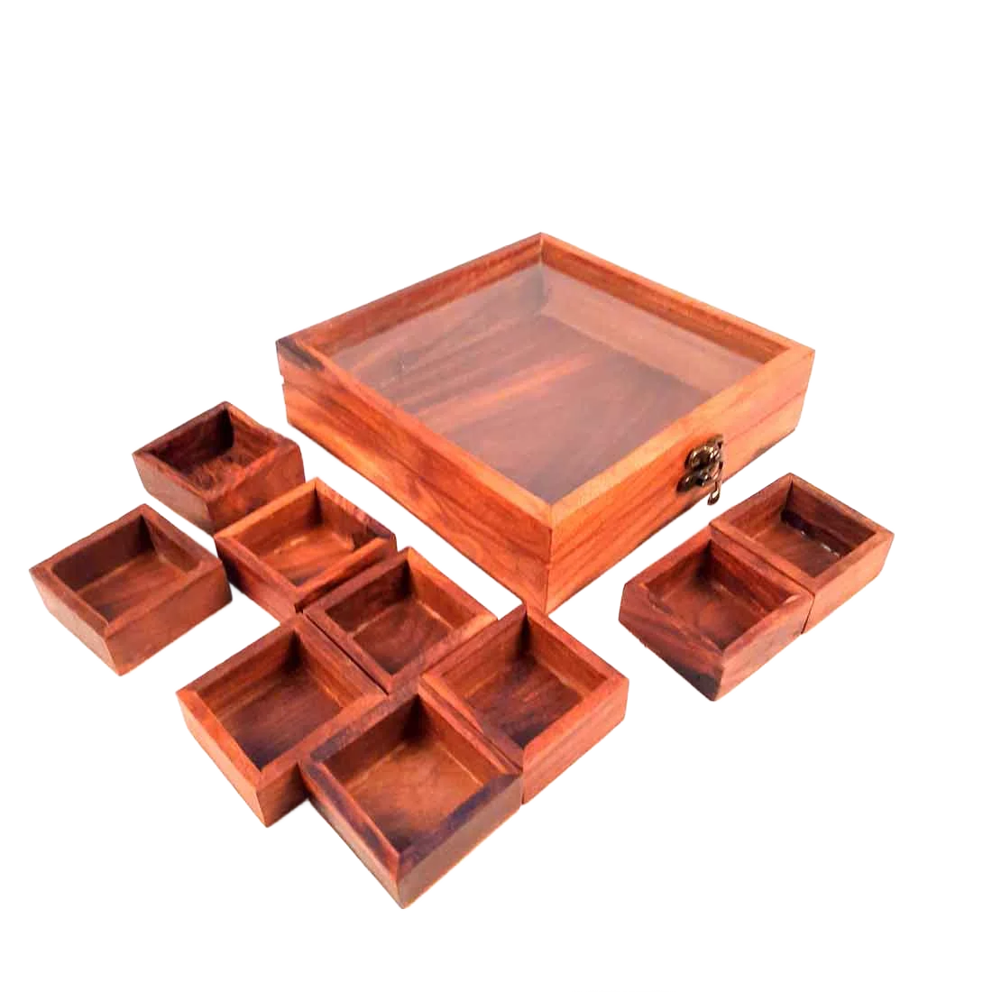 printed Round Wooden Spices Box of 7 brass Containers - High-Quality Spice Storage box for Kitchen