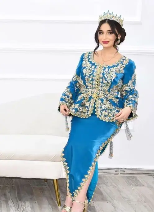 NEW--DAZZLING ZARI EMBROIDERY ON BLUE JACKET & KARAKOU DRESS WITH EMBELLISHED CRYSTAL GLASS BEADS,STONE,PEARLS,DABKA WORK = 2024