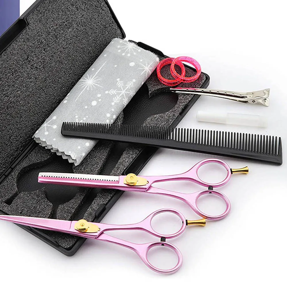Barber Scissors Kit Baby Pink Color Coated Hair Cutting Salon Scissor Barber Thinning Shears 2 Pcs Hairdressing Set