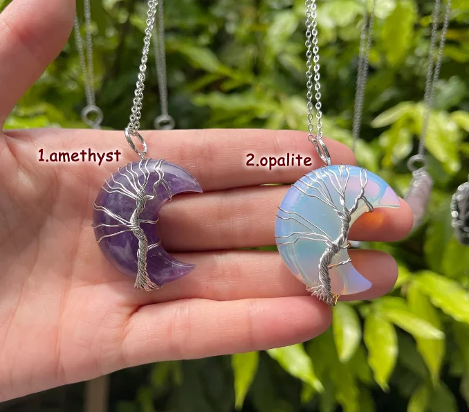 Wire Wrapped Moon Pendant Tree of life Chakra Jewelry Pendants Amethyst Rose Chakra Crystal Gemstone Necklace