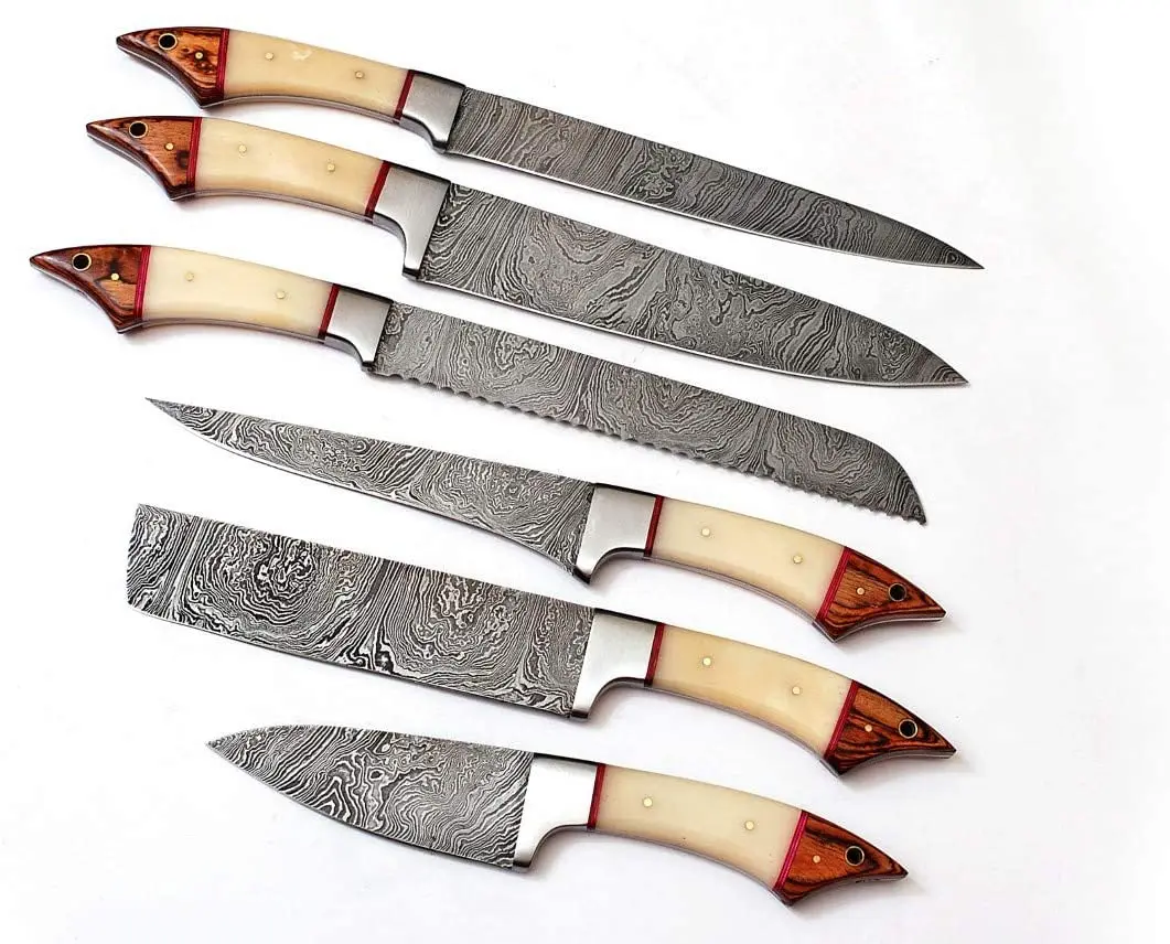 Handmade Damascus chef knives 6 Pcs  Complete set  Leather Sheath Bone handle