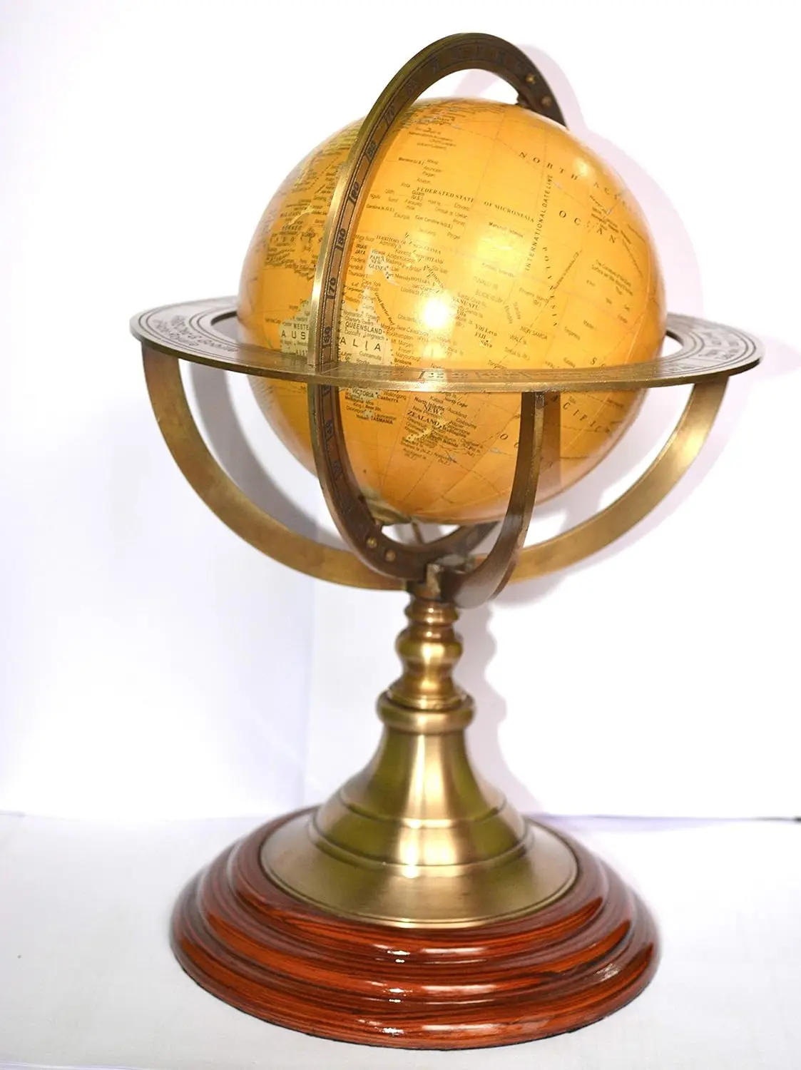 Brass and Wooden Base Vintage Rotating Armillary Globe