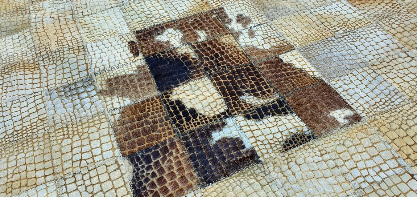 Modern Design Laser Engraved Colorful Hair on Handmade Pure Genuine Cow Leather Patchwork Area Rug