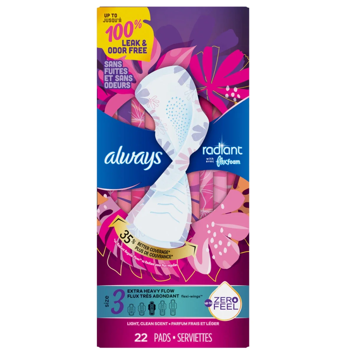 Always Radiant Feminine Pads for Women, Size 3, Extra Heavy Flow, with Wings, Scented, 22 Ct
