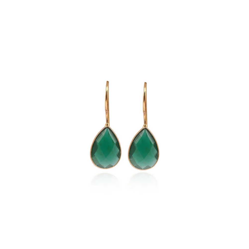 Emerald Prong Setting Pear Shape Stones Dangling Earrings Gold Plated Brass Pear Charms Stud Earrings  Jewelry Mode Joyas E-1494