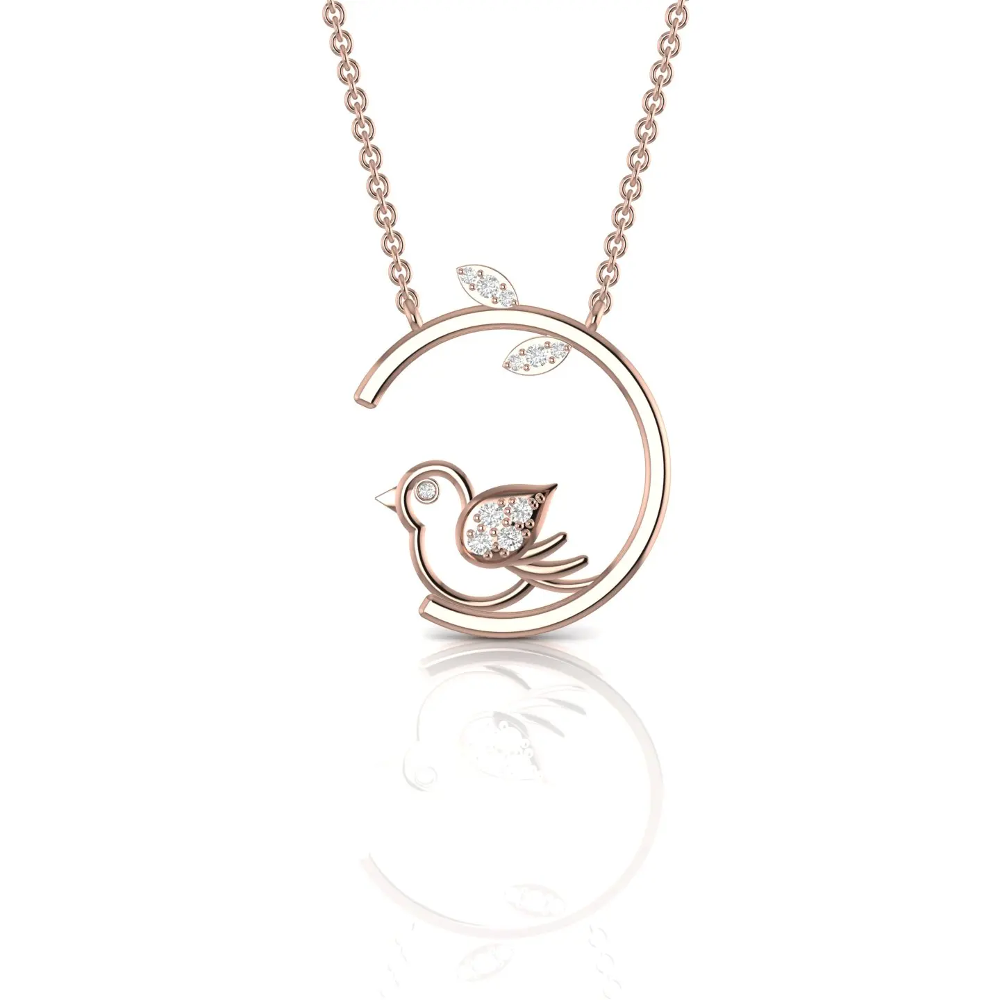 Little Fly Bird Charm Natural Diamond Half Circle Pendant Solid In 10kt Rose Gold 4.25 Gram Fine Jewelry For Women