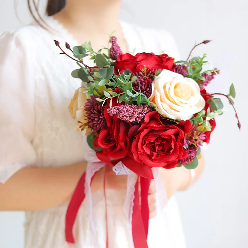10 Inch Artificial Blooming Rose Bridesmaid Bouquet Silk Rose Tossing Bouquets for Wedding Church Ceremony Anniversary