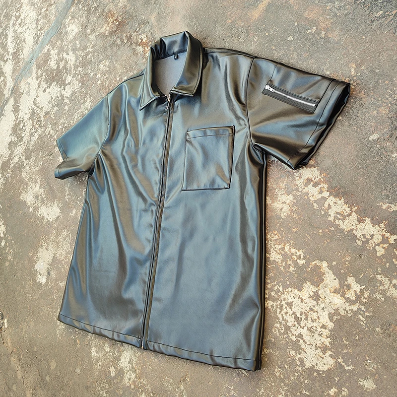 Streetwear High Quality Short Sleeve Button Up Leather Shirt For Men Boxy Fit Blank Tee Shirts