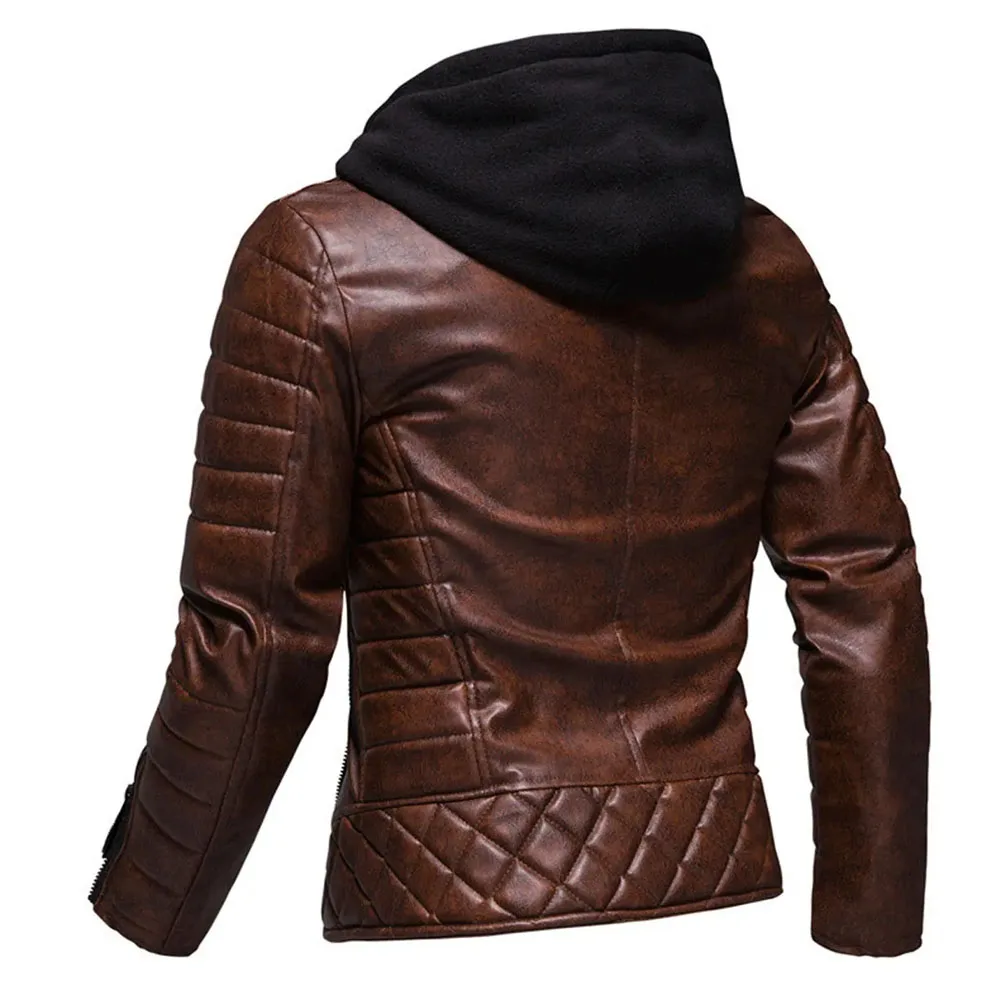 Vintage Distressed Brown Biker Genuine Sheepskin Lapel Collar Rider Crossover Quilted Asymmetric Hooded Leather Jacket