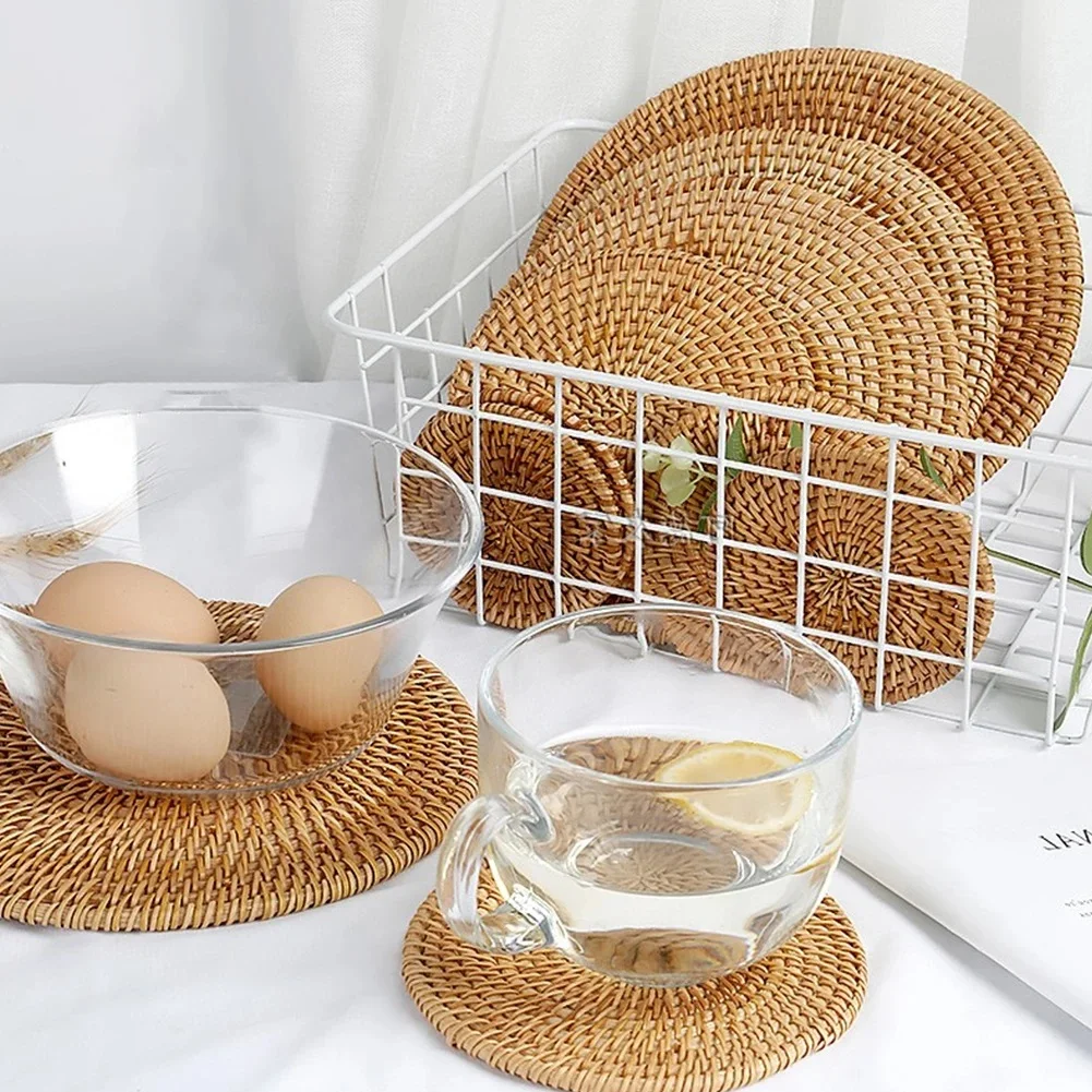Boho Round Non-Slip Handmade Braided Dinner Wicker Rattan Table Mats Round Woven Placemat For Kitchen Wedding