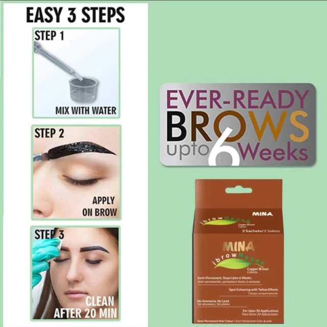 MINA ibrow 4.4 Copper Brown Semi-Permanent Henna Brow Tint Kit Herbal Powder Ingredients for Hair Color