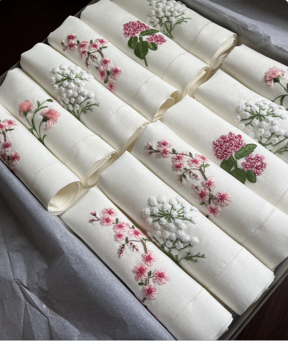 Set of 12 Hand Embroidered Botanical Flowers Napkins Pink Linen Cloth Dinnerware Premium Handcrafted Embroidery