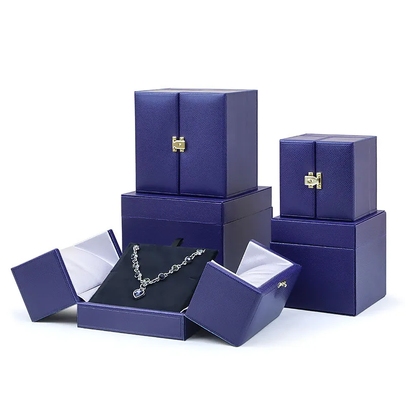 Blue Luxury Pu Faux Leather Jewellery Boxes For Wholesale Blue Grey Ring Necklace Earring Bracelet Set Jewelry Boxes