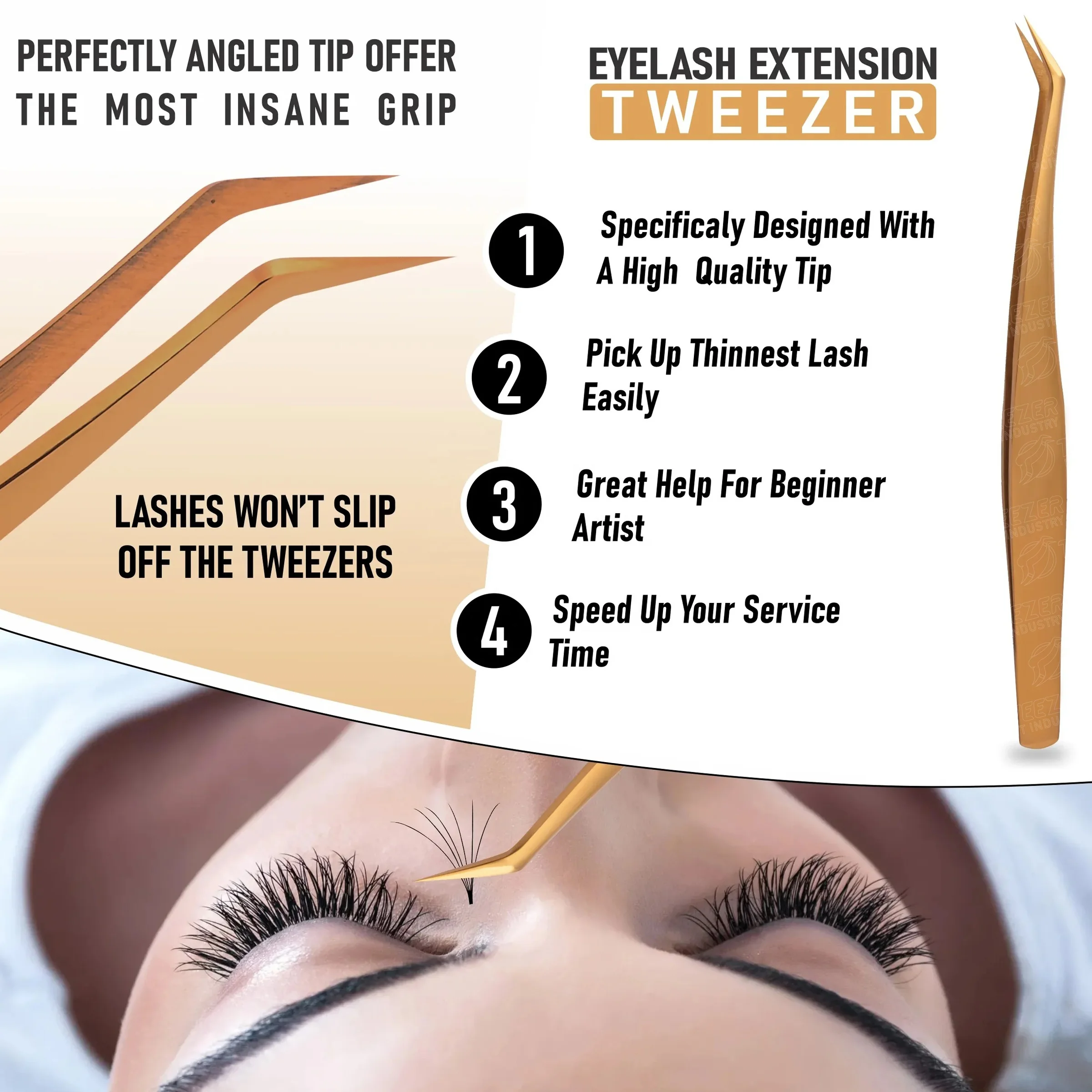 Professional Beauty Cosmetic Tool Stainless Steel Titanium Gold Color Eyelash Extension Tweezer With Pouch Packing