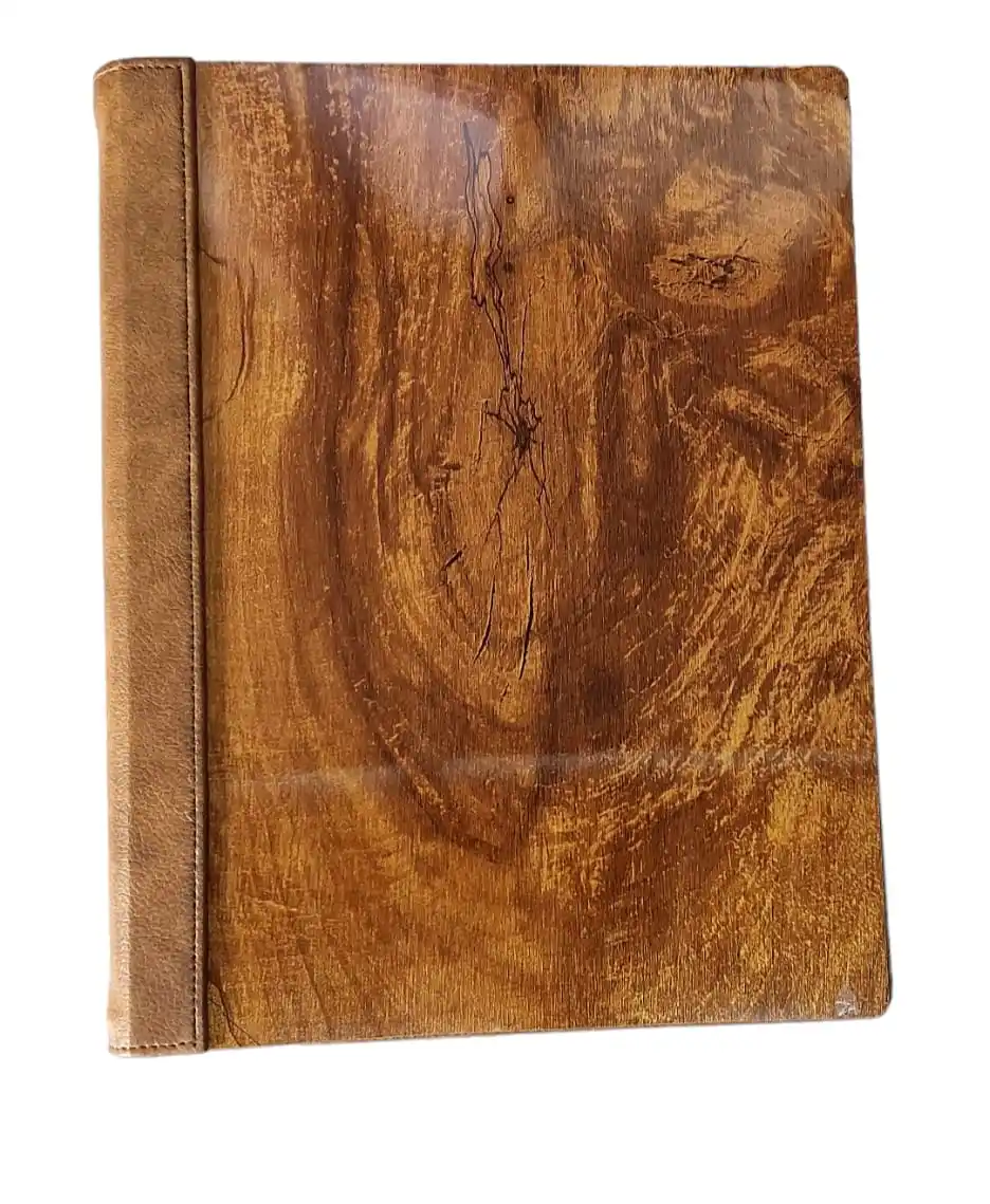 Wooden new design menu folder with beautiful design and logo engraved inside leatherette material with 3 screws