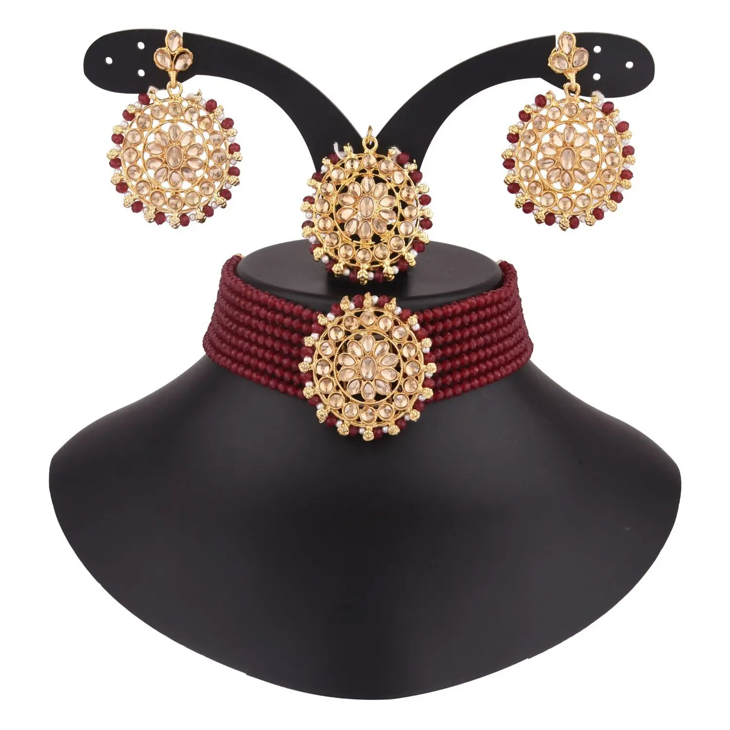 Indian Bridal Choker Necklace Faux Pearl Beaded Crystal Kundan Necklace Earrings Mang Tikka Set, Maroon