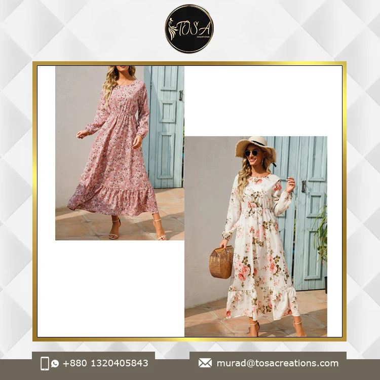 Washable Elastic Waist Midi Length Dress Best Quality Manufacturer of Custom Design Digital Print Women Floral Midi Dress