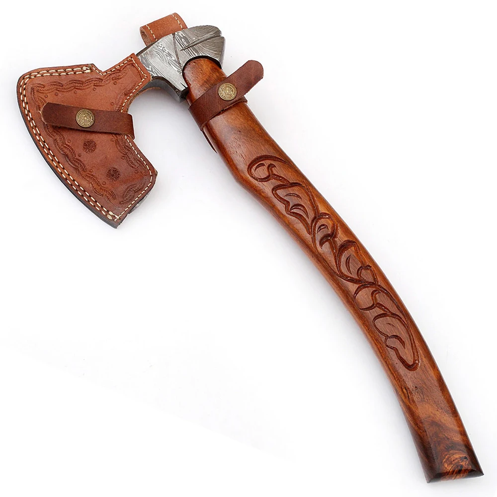 Pakistan Made Wholesale Price Top Quality Custom Handmade Damascus Axe with Wood Handle and leather sheath