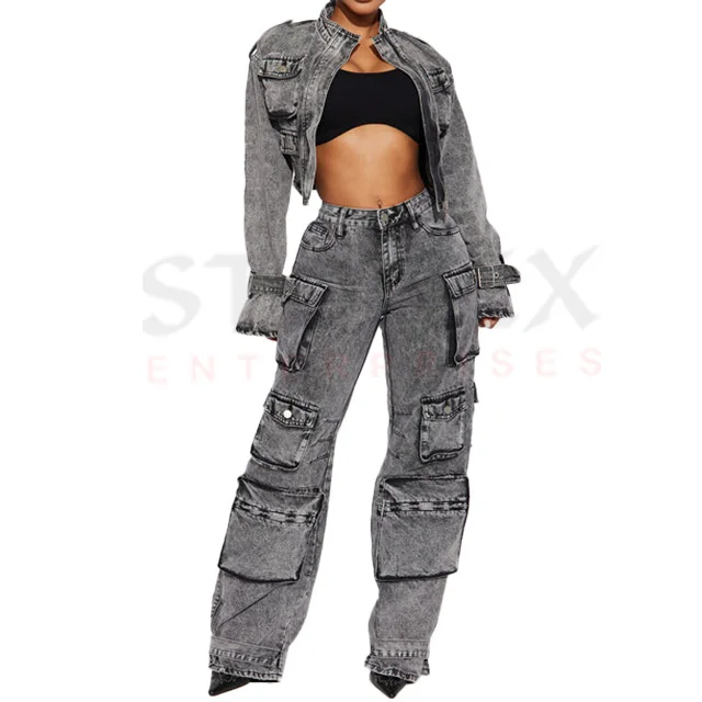 2023 Fashionable Blue Sexy Cargo Style Jacket And Jeans 2 Pieces Set On-trend Denim Cotton Women latest Clothing