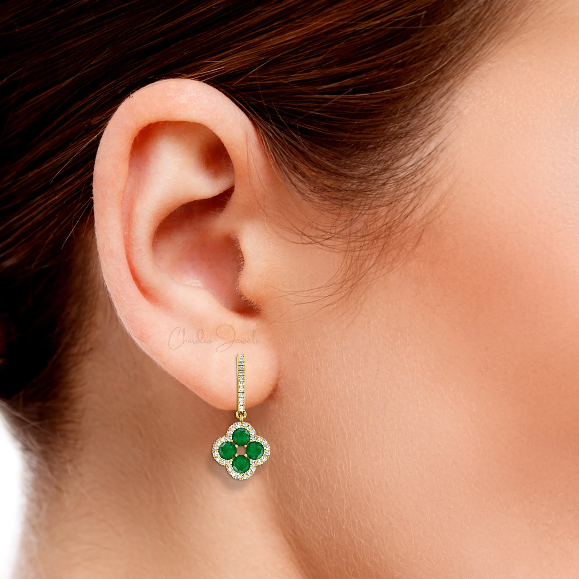 2024 New Products 4mm Round Emerald Gemstone Dangle Earrings 14k Real Gold Diamond Halo Clover Earrings Wholesale Fine Jewelry