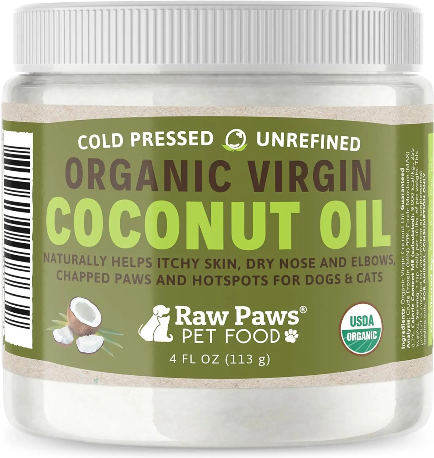 Organic Coconut Oil for Dogs & Cats, 4-oz - Treatment for Itchy Skin, Dry Nose, Paws - Hot Spot Lotion for Dogs