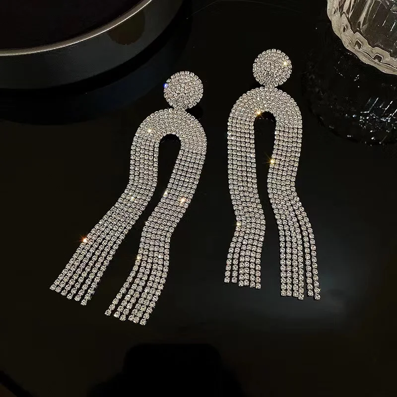 925 silver needle European and American exaggerated party geometric U-shaped ear rings jellyfish diamond tassel long earrings