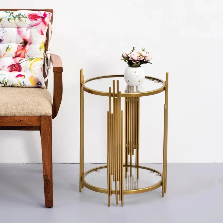Artistic Design Handcrafted Gold Finished Iron Piper Side Table with Glass Top Used for Dining Room living Room