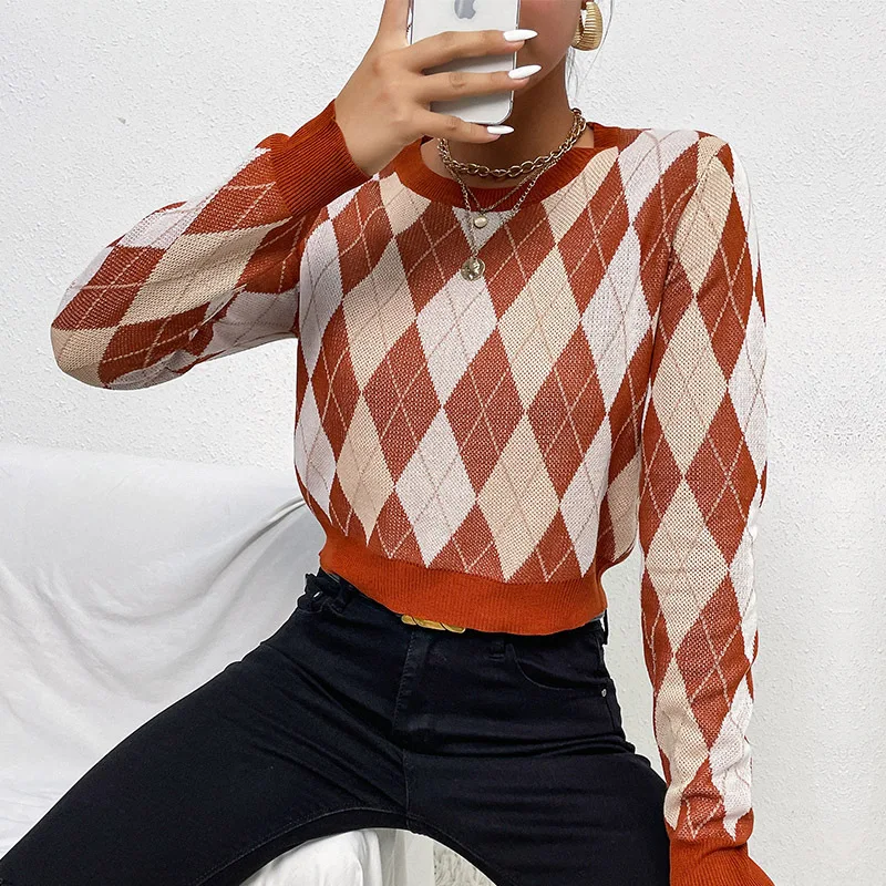 New Design Custom made OEM Sweater Pullover Women Custom Knit Vintage Wool Argyle Knitted Sweater with customized colors