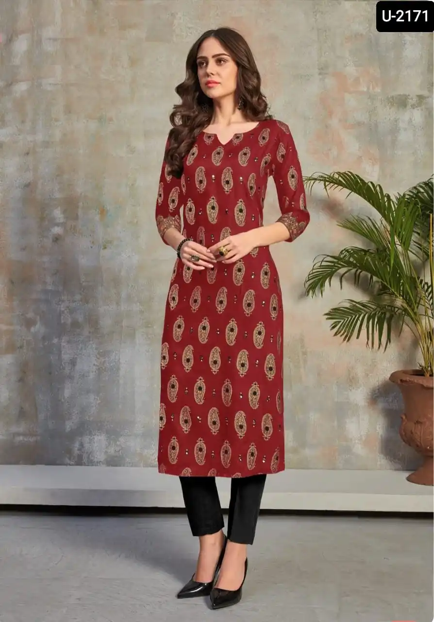 Indian Heavy Designer Style Heavy Rayon Foil Print Kurtis with Plus Size Available for Party Wear and Daily Casual Wear Kurtis