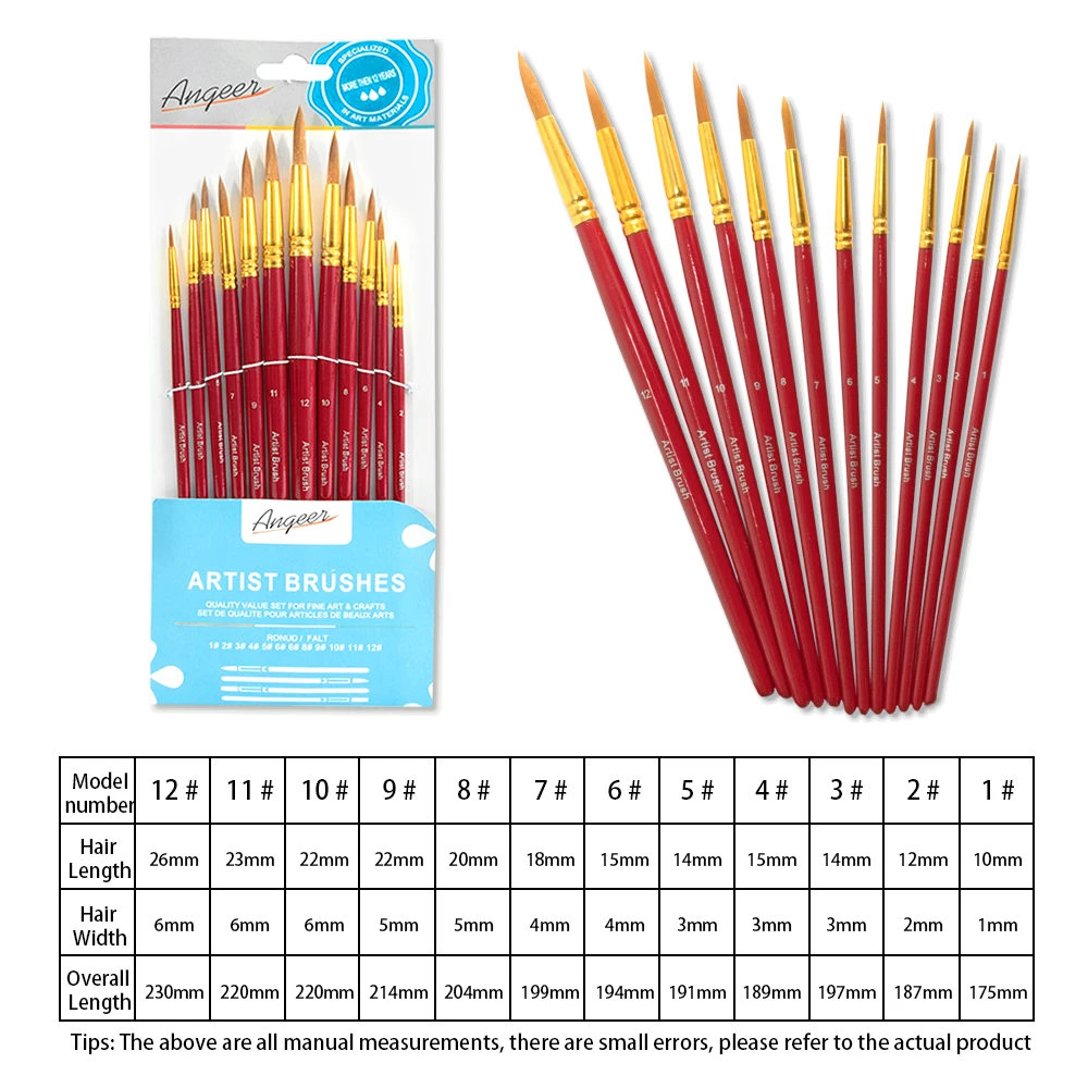 Pointed Round Painting Brush Set of 12 Artists Wooden Handled Brushes for Acrylic Oil Watercolor Painting
