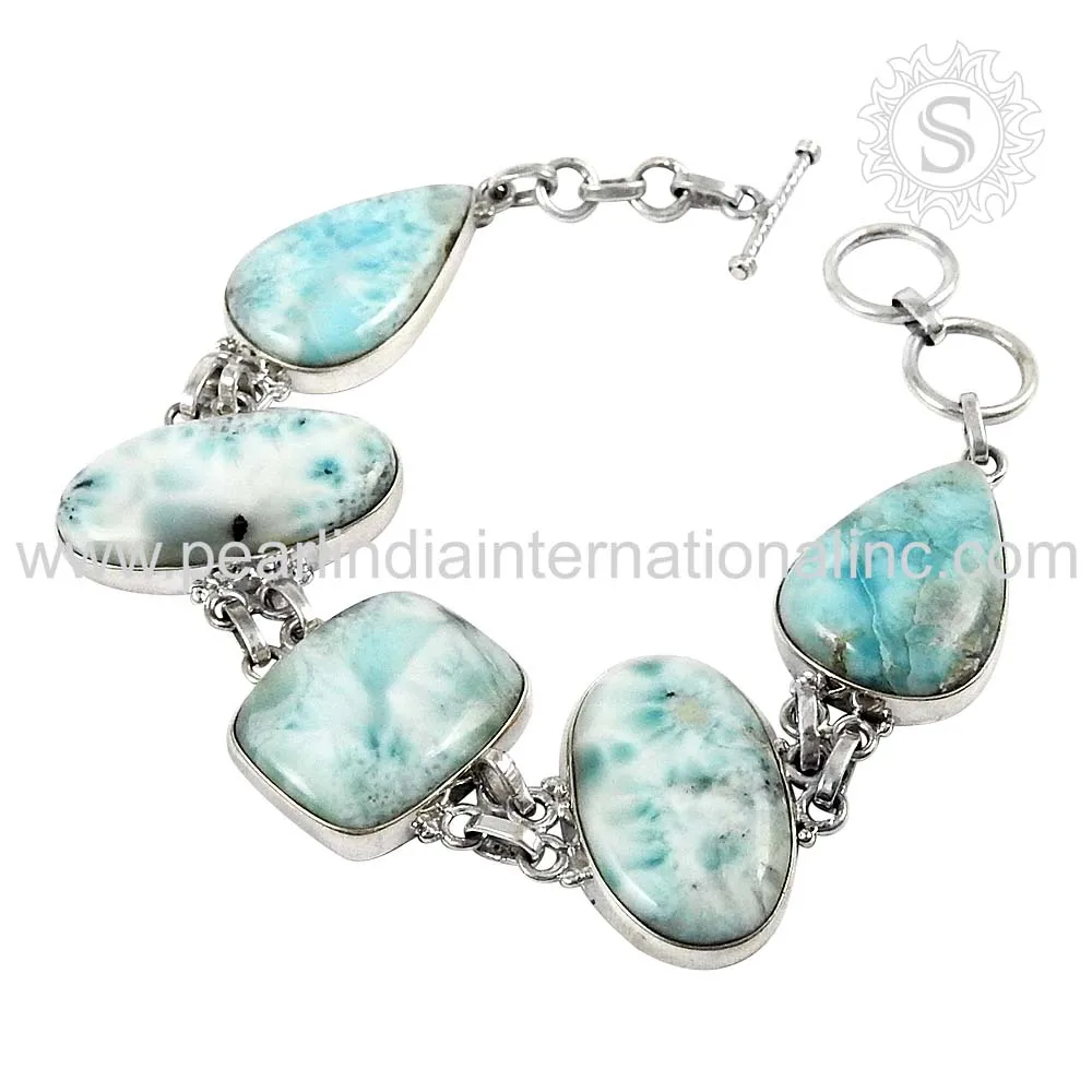Classic Style Big Stone 925 Sterling Silver Natural Larimar Gemstone Cabochon Shape Bracelet Handmade Jewelry Wholesale Supplier