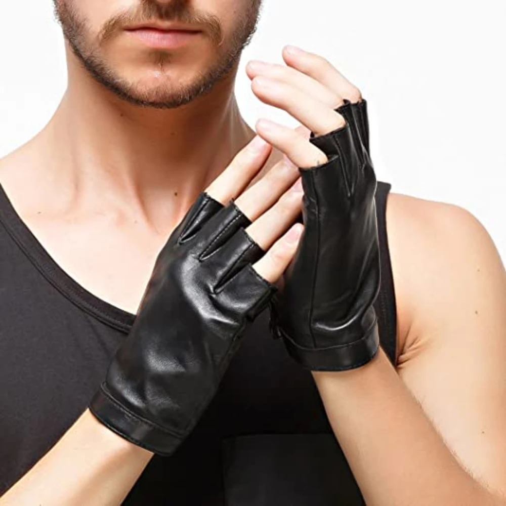 Men Fingerless Half Finger Driving Fitness Motorcycle Cycling Unlined Leather Gloves XX Large Black Blue Thread