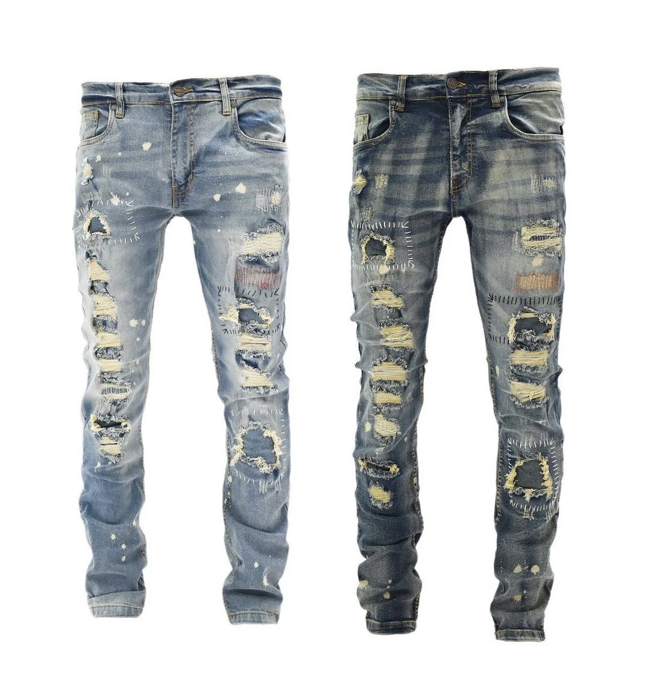The new arrival of ragged patch jeans street wear hip hop vintage decal pants slim fit stylish denim jeans