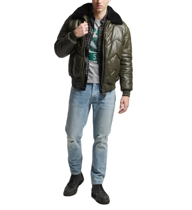 Wholesale Customized Custom 100% leather diagonal striped quilting padded outdoor winter puffer jacket for men