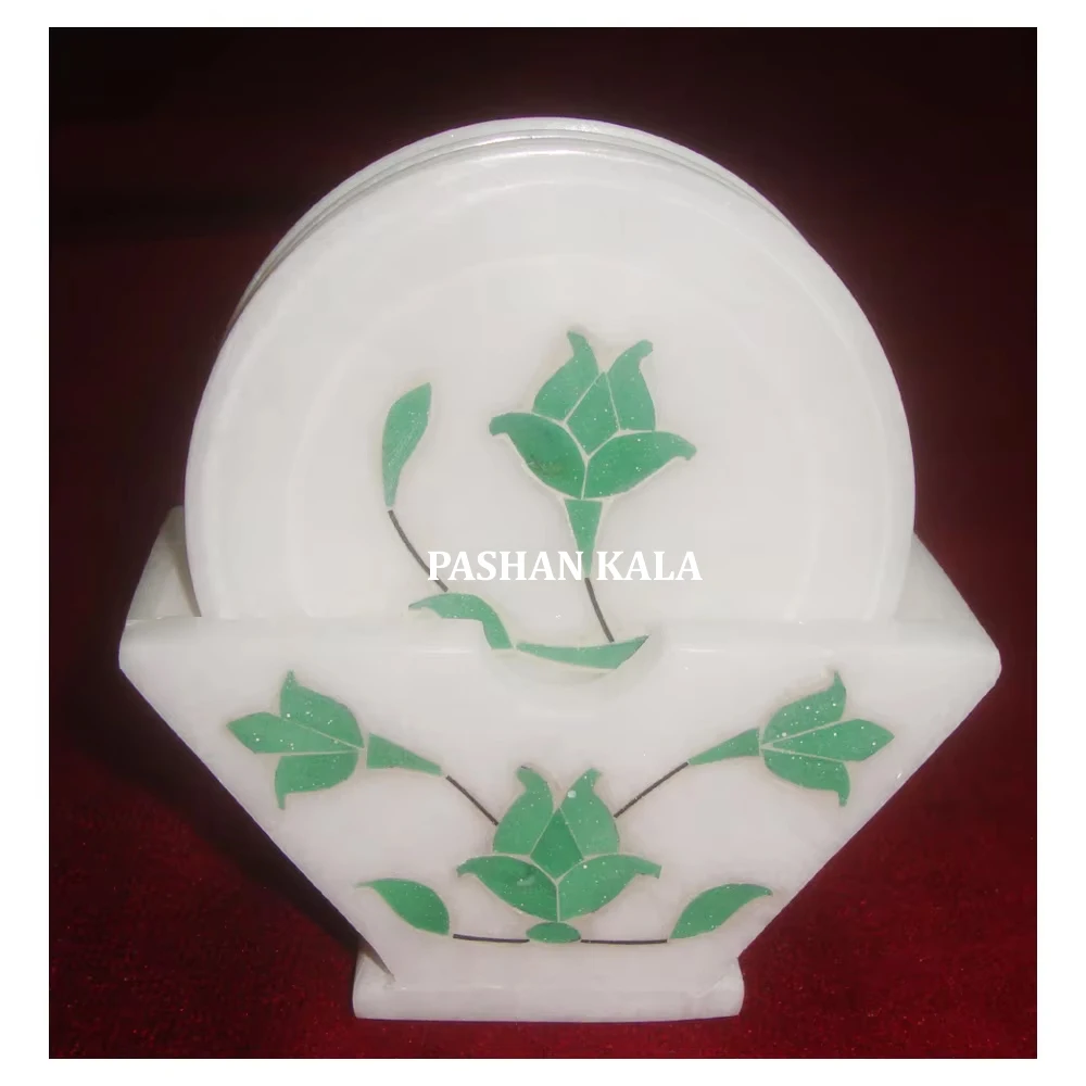 Indian Manufacturer Of Pure White Marble Amazing Design Round Shape Tea Coaster Set For Home And Hotel Decorative In Best Price