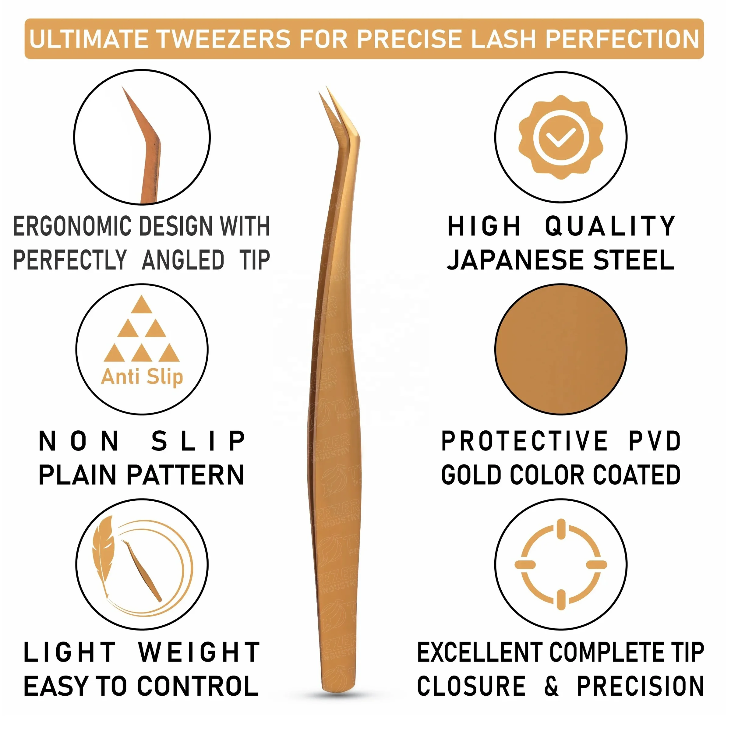 Professional Beauty Cosmetic Tool Stainless Steel Titanium Gold Color Eyelash Extension Tweezer With Pouch Packing