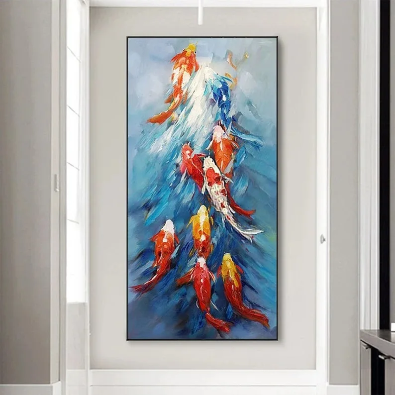 Huge Size  Abstract Colorful Red Carps Canvas Oil Painting Custom Handmade Koi Fish Gift For Home Decoration