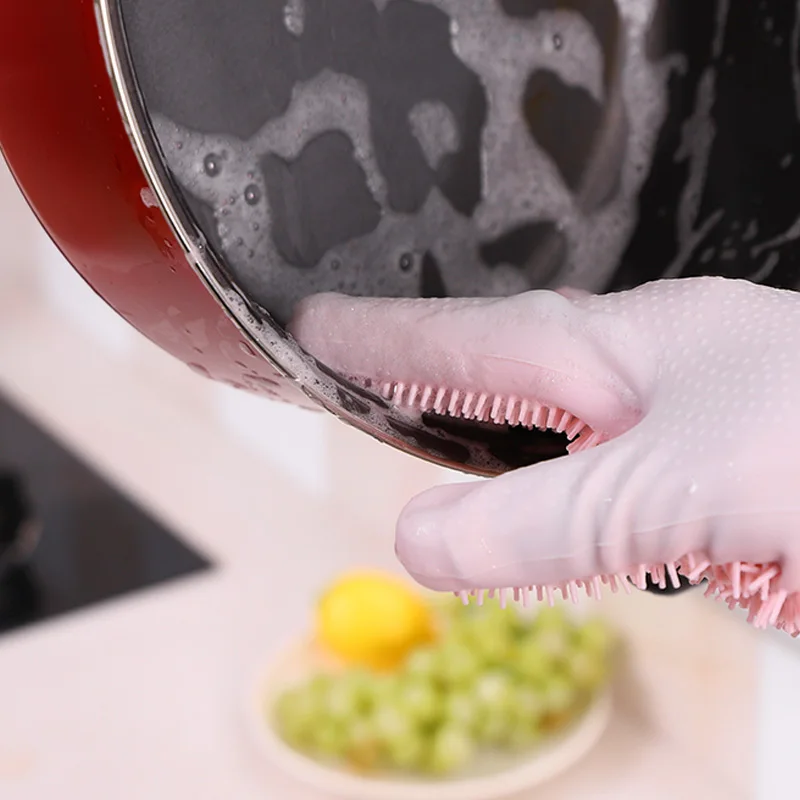 Cleaning Rubber Sponge Gloves, Dishwashing Gloves, Silicone Reusable Cleaning Brush Heat Resistant Scrubber Gloves