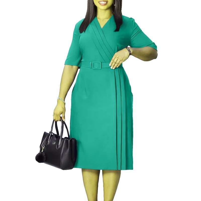 Summer Ladies Office Dresses Short Sleeve V-neck Waist Wrap Pencil Career Dresses with belt Women Casual Africa Dress